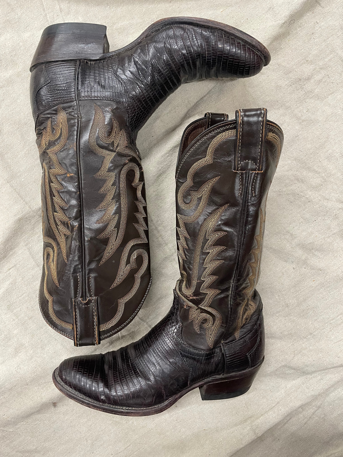 Vintage Chocolate Brown Lizard and Orange Stitch Cowboy Boots