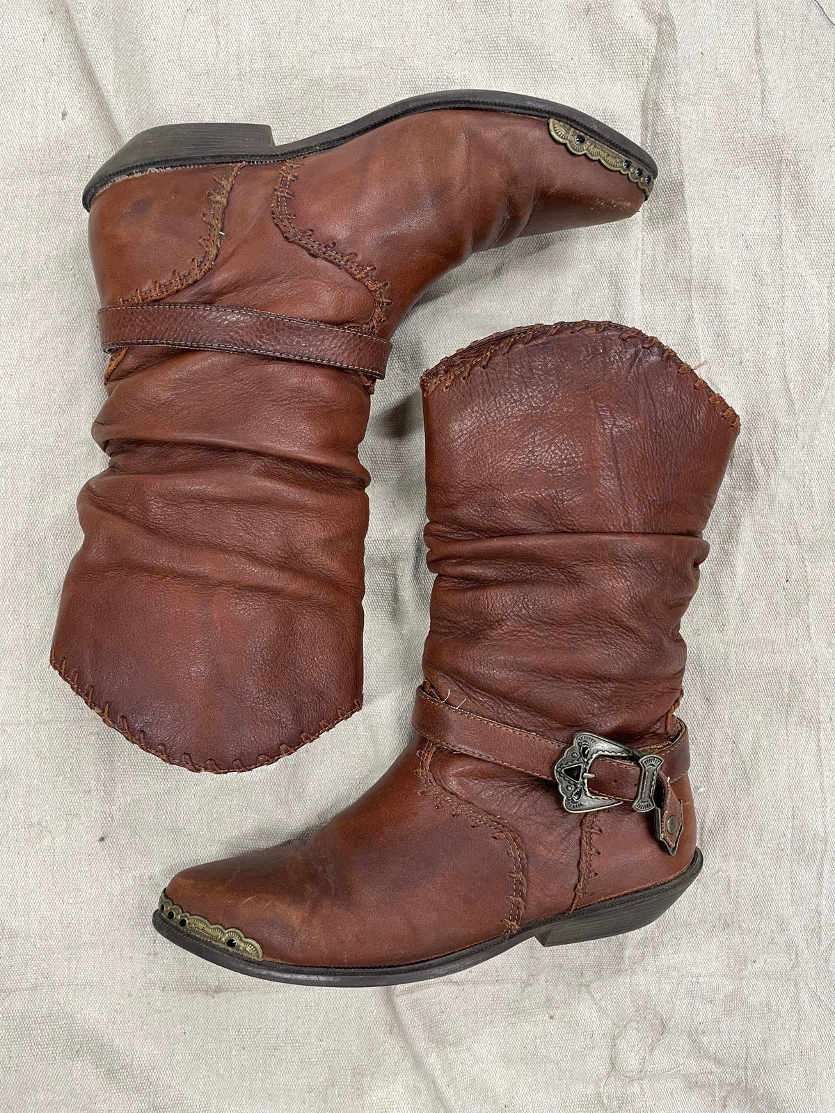 Vintage Chestnut Almond Toe Buckle Cowboy Boot