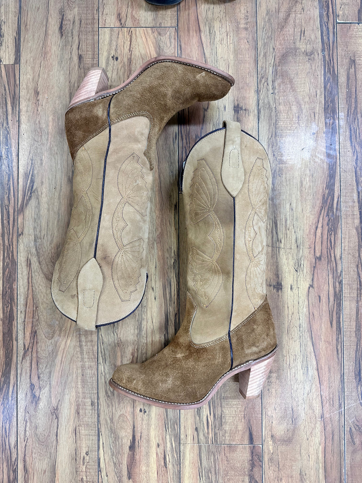 Tan Two Tone Suede Stacked Heel Cowboy Boots