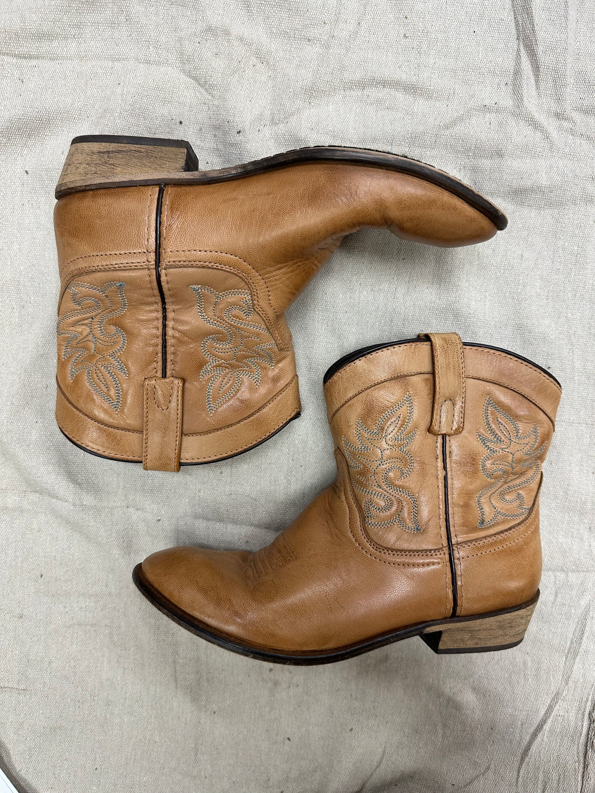 Tan And Blue Stitch Ankle Boots