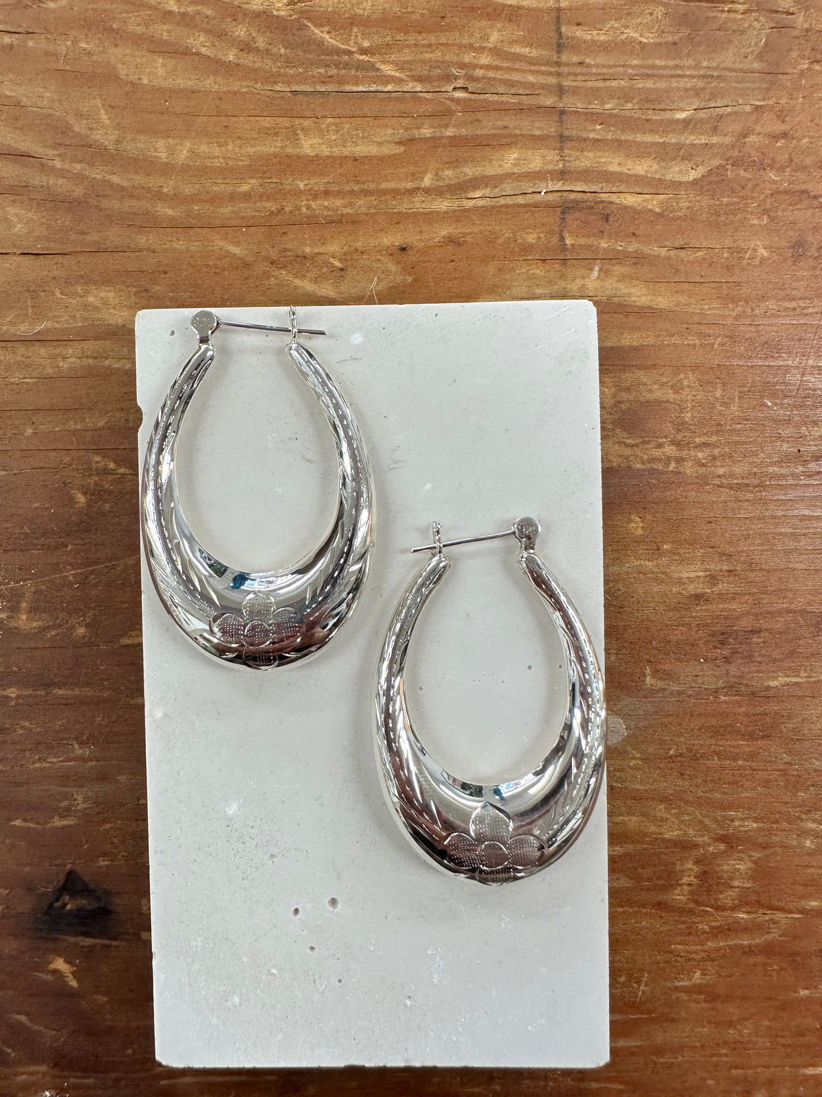 Silver Floral Oval Hoops