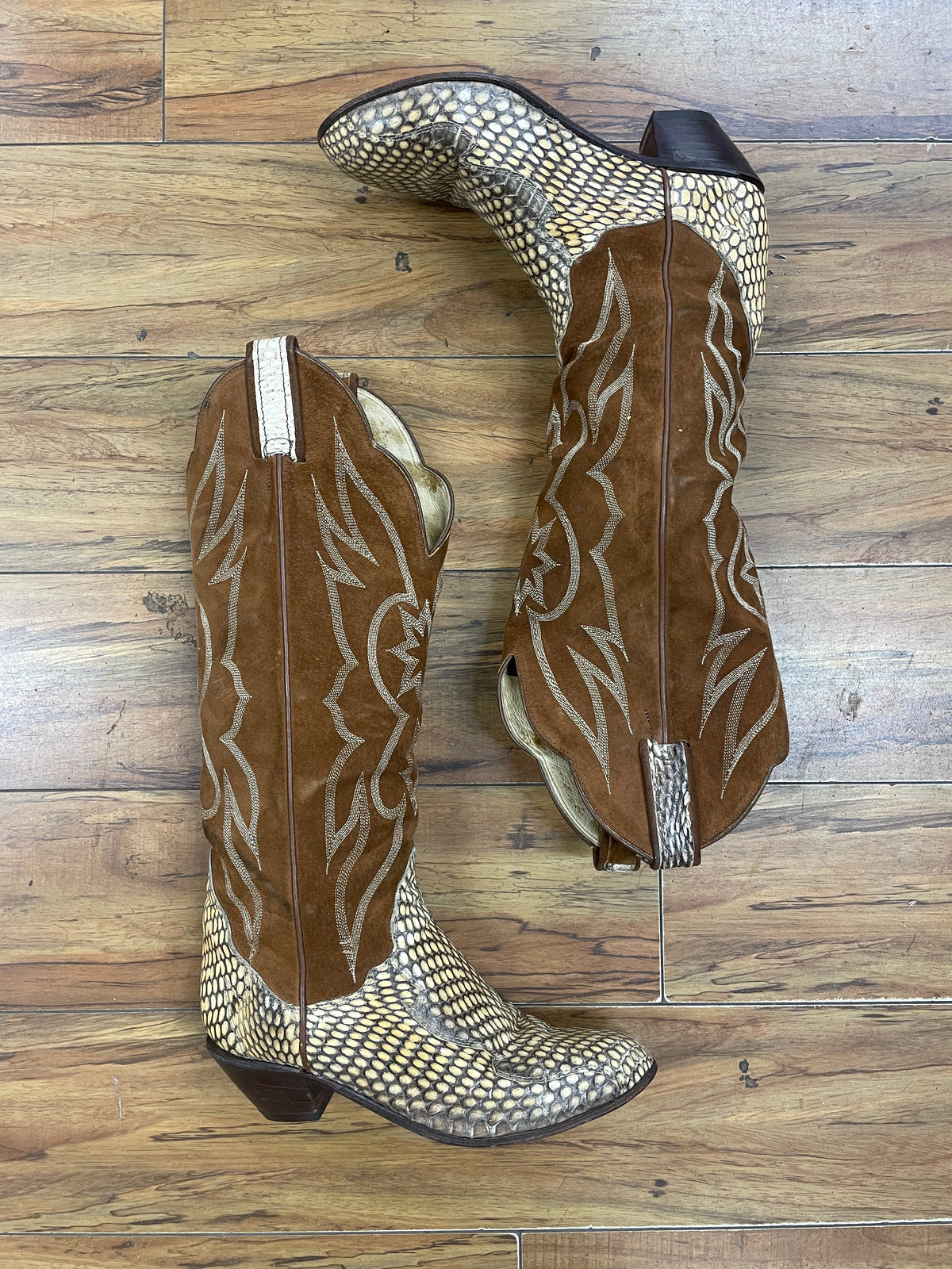 Vintage Brown Suede & Snake Skin Cowboy Boot