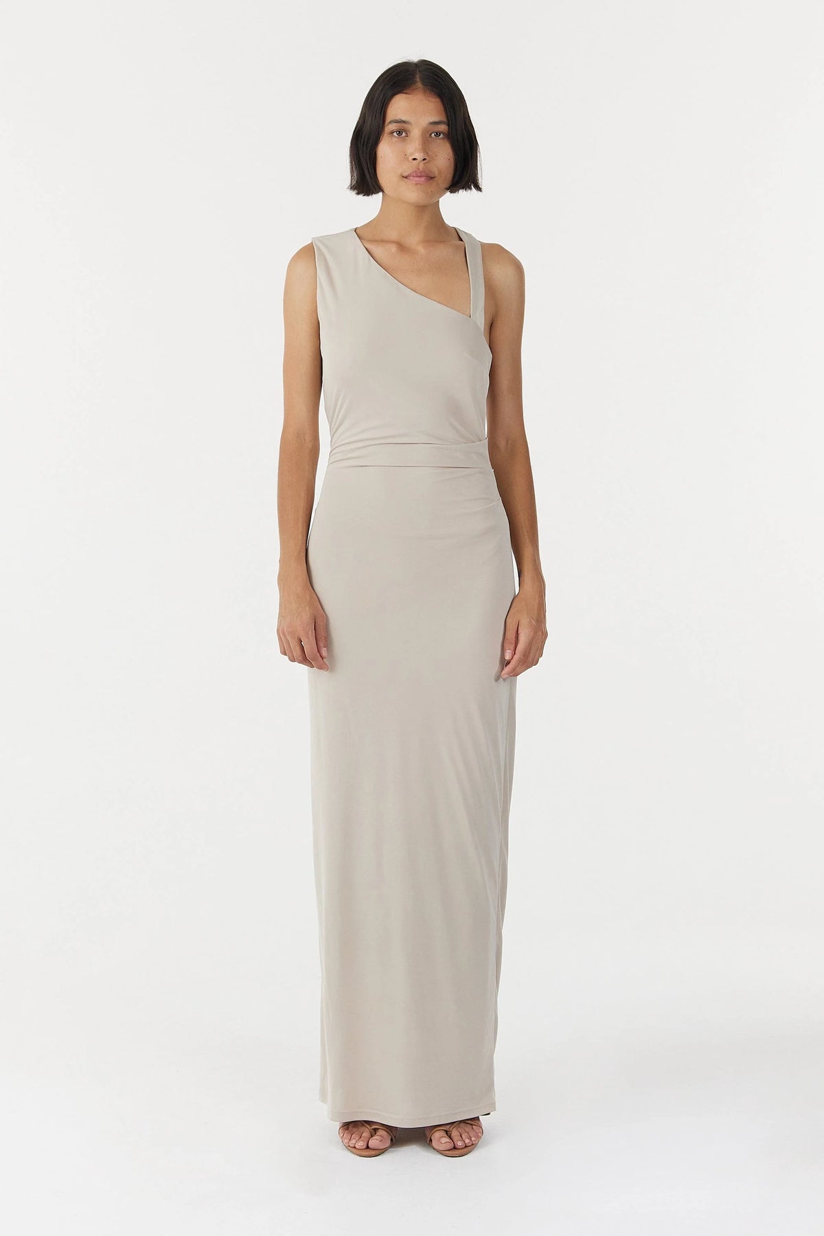 STIRLING TWIST ASYMMETRIC MAXI DRESS | OYSTER GREY