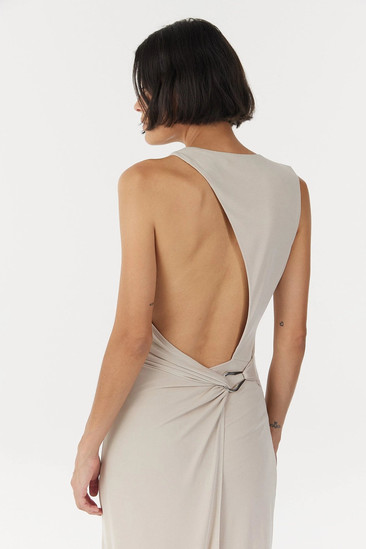 STIRLING TWIST ASYMMETRIC MAXI DRESS | OYSTER GREY