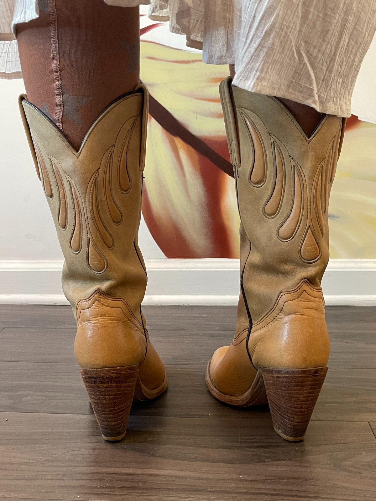 Vintage Frye Natural Stacked Heel Cowboy Boot - 1980's