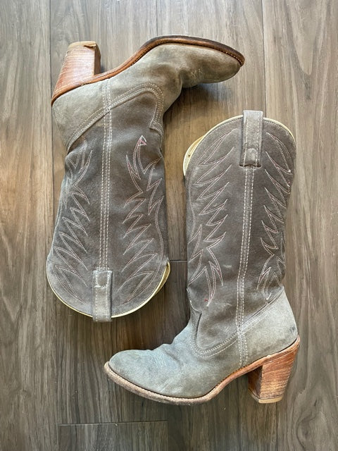 Vintage Grey Suede with Pink & White Stitching Cowboy Boots