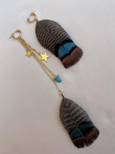 Asymmetrical Small Hoops with Feathers, Turquoise, & Gold Stars