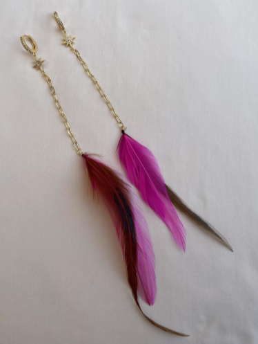 Pink Feathered Earrings with Gold Chains