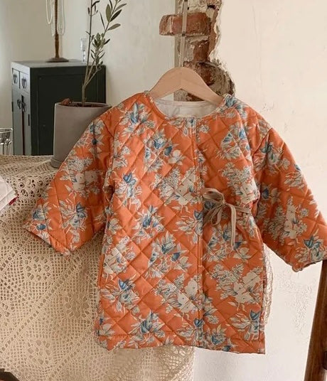 Kids Orange Floral Quilted Jacket 4Y