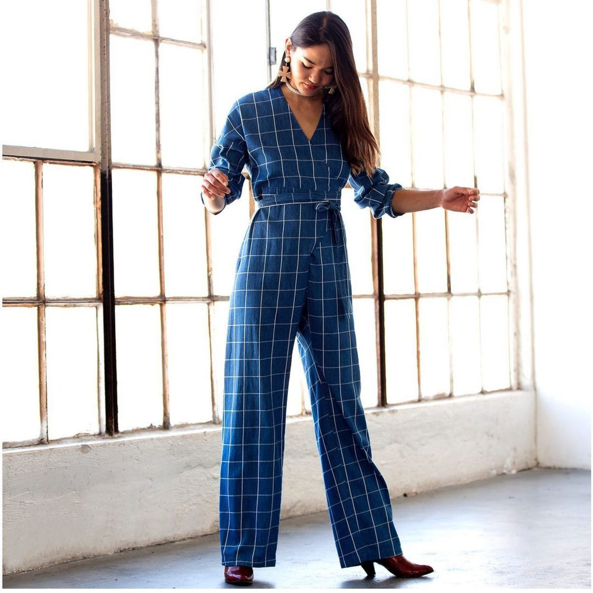 Abby Jumpsuit - French Blue Windowpane Plaid