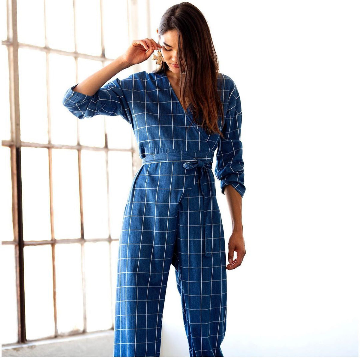 Abby Jumpsuit - French Blue Windowpane Plaid
